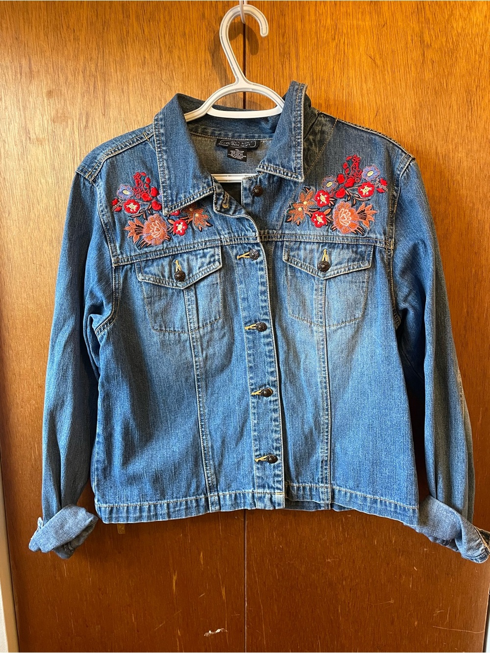 Embroidered Blue Denim Jacket with Red Floral Accents